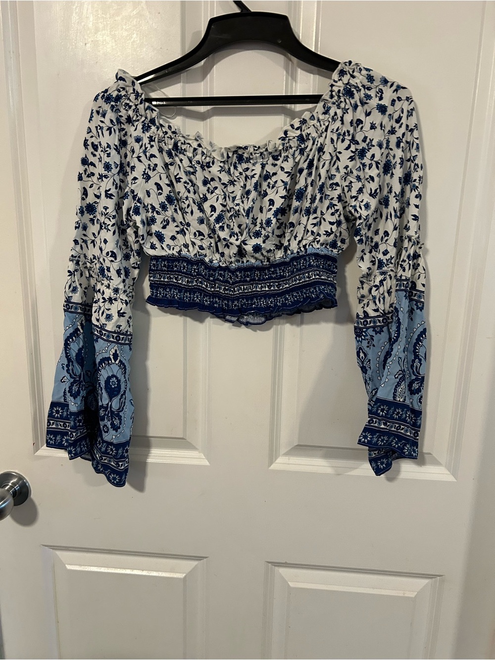 Apricot Boho Blue Floral Off-Shoulder Crop Top